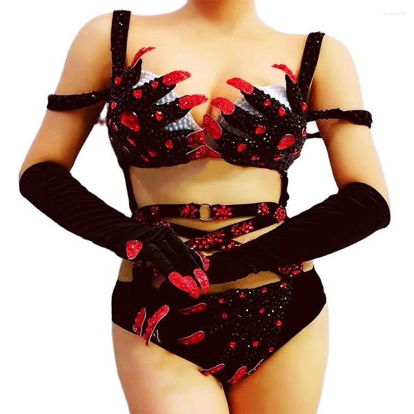 Palco desgaste brilhante vermelho lantejoulas strass decoração bodysuit conjunto nightclub dança mostrar senhora traje uniforme desempenho terno