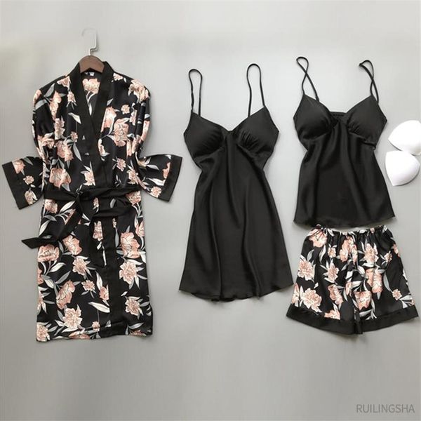 Damen-Nachtwäsche, Sommer-Satin-4-teilige Robe-Sets, Kunstseide-Kimono-Pyjamas für Frauen, Blumendruck, sexy Nachthemden in Übergröße, S2849