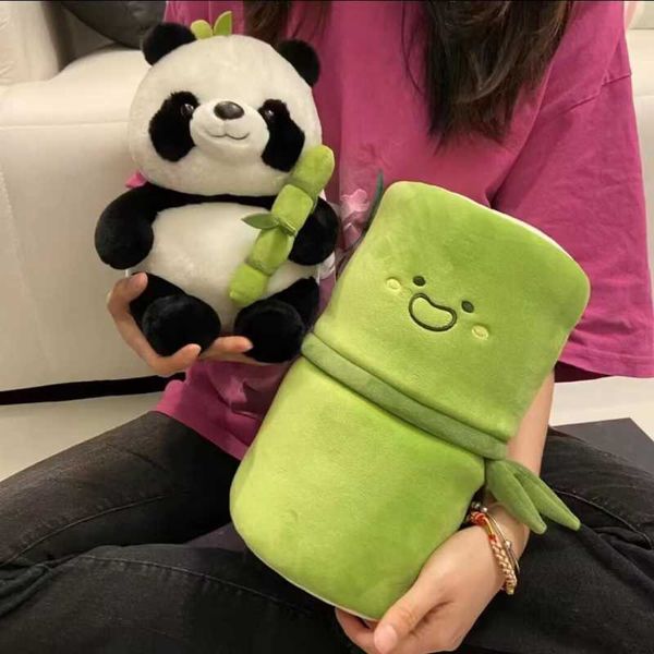 Animais de pelúcia de pelúcia 2023 novo conjunto de tubo de bambu panda brinquedo de pelúcia fofo plushies boneca de urso de pelúcia design reversível presente de aniversário infantil