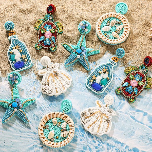 Hoop Huggie Mode Boho Blaue Perlen Handgemachte Welle Muschel Schildkröte Baumeln Ohrring Mädchen Seestern Anhänger Sommer Strand Schmuck 230901