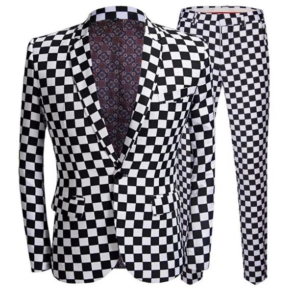 Ternos masculinos blazers moda terno masculino preto branco xadrez impressão 2 peças conjunto mais recente casaco calça projetos casamento palco cantor sli284a
