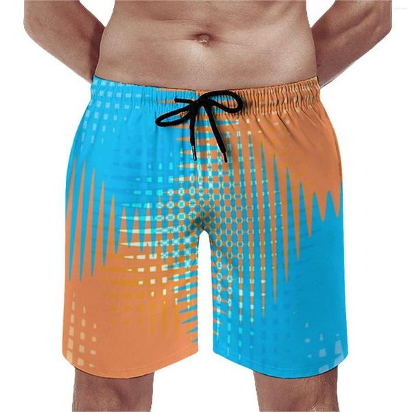 Herren-Shorts, abstraktes zweifarbiges Brett, stilisiertes Orange und Himmelblau, sportliche kurze Hose, bequeme Vintage-Strandhose in Übergröße