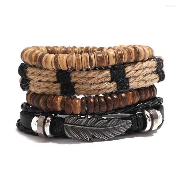 Charme pulseiras liga jóias pena frisada puxar pulseira de couro conjunto diy estilo étnico masculino e feminino