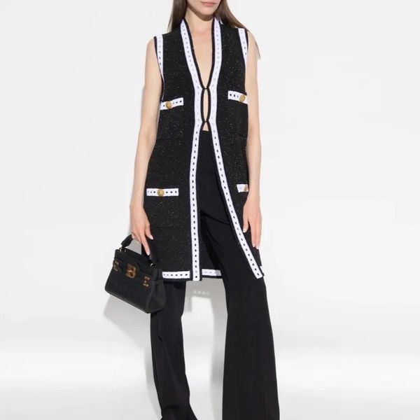 Kadın kazak Avrupa moda markası siyah örgü uzun kolsuz hırka