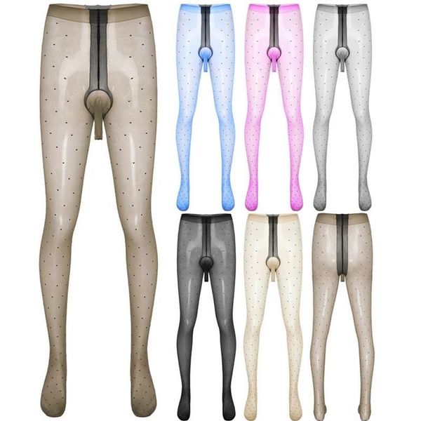 Meias masculinas homens brilhantes sheer dot pênis bainha meia-calça óleo brilhante footed nylons meias collants fino sissy roupa interior lingeri253q