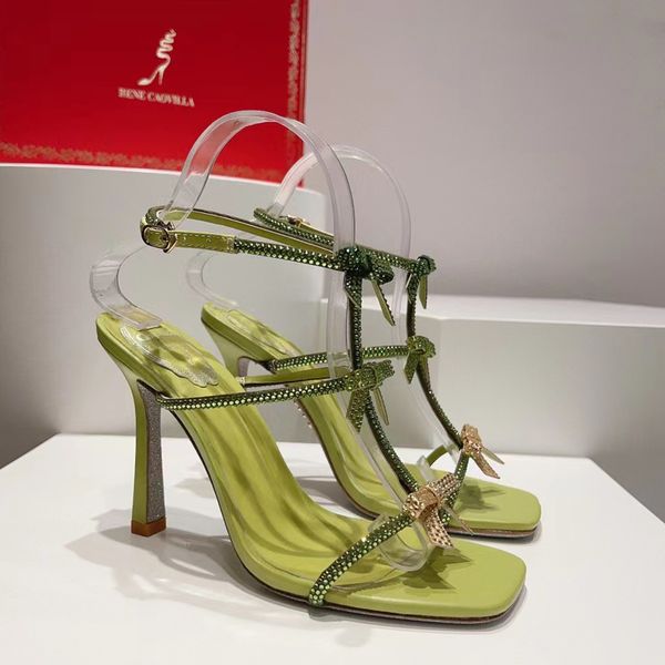 Rene Caovilla Bowtie Rhinestone Sandalet ayak bileği t-bağlı deri dış taban stiletto pompalar kadın partisi gece elbise ayakkabıları lüks tasarımcı yüksek topuklu fabrika ayakkabı