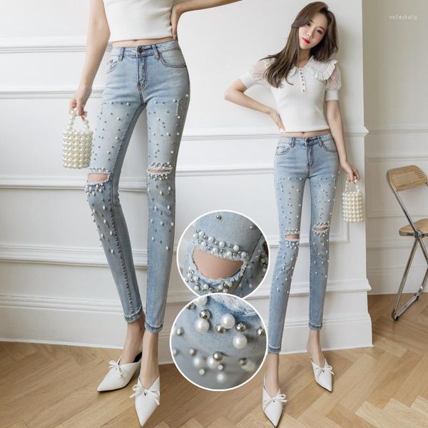 Damenjeans 2023 Frühlings- und Herbststil mit Perlen, perforiert, eng anliegend, hohe Taille, schlank, elastisch, abgeschnittene Leggings