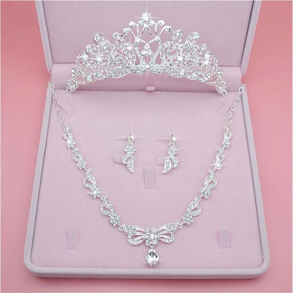 Silberne Hochzeit Braut Strass Tiara Krone Halskette Ohrringe Kristall Pfau Frauen Party Schmuck Sets Haarschmuck Drei Pie311y