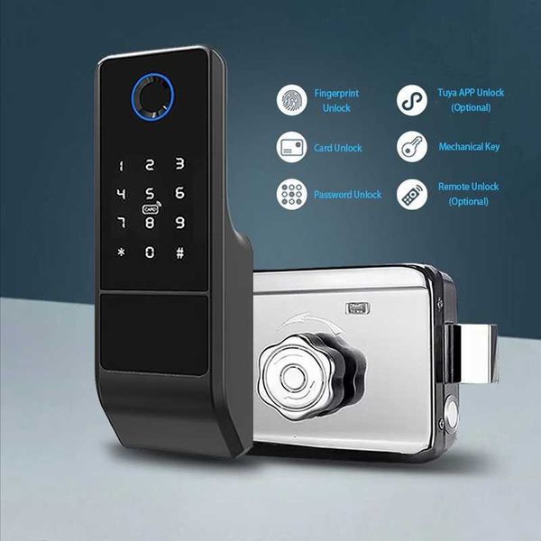 Serrature per porte Impermeabile Outdoor Smart IP65 Serratura per impronte digitali Digital IC Card Rim Serratura elettronica Motise Manopola WiFi HKD230903