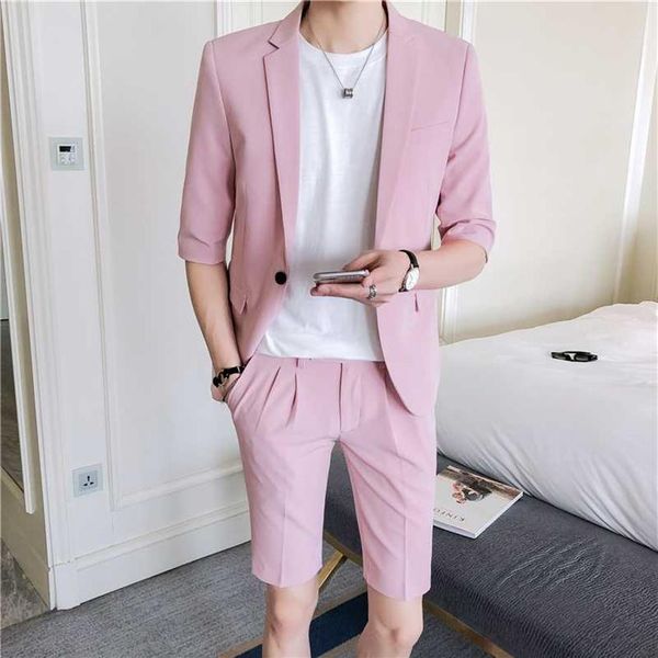 Completo da uomo completo slim fit mezza manica pantaloni al ginocchio stile coreano abbigliamento da uomo rosa bianco giacca estiva con pantaloni corti258S