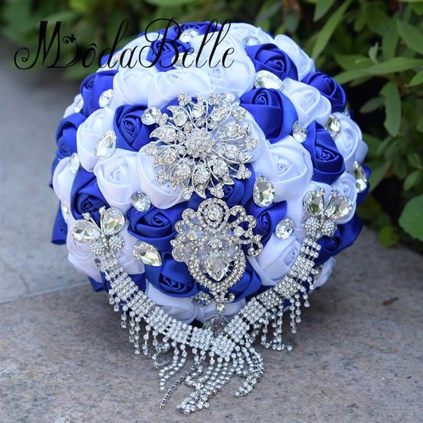 Modabelle buquê de casamento artificial dourado champanhe, buquê de broche, vestido de noiva, buquê de cristal azul real277d