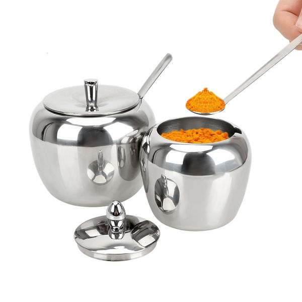 Herb Spice Tools Apple Sugar Bowl com tampa e colher de aço inoxidável Condimento Pot Talheres Recipiente Tempero Jar Acessórios de Cozinha 230901