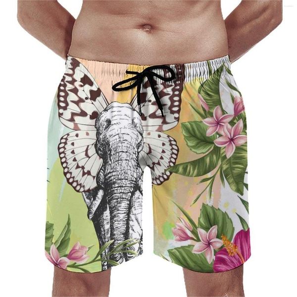 Shorts masculinos elefante borboleta placa floarl impressão arte bonito praia calças curtas padrão correndo troncos de natação de secagem rápida presente de aniversário