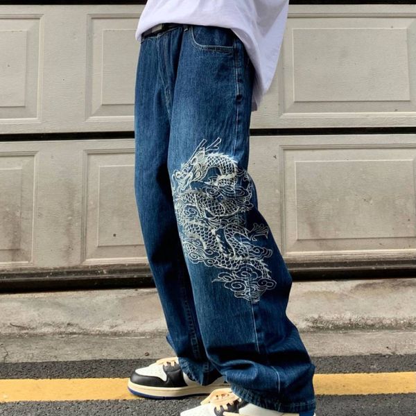 Herren Jeans Gothic Drachenmuster Stickerei Design High Waist Jeans Herren Y2K Street Baggy Jeans Herren High Street Hip Hop Casual Jean 230904
