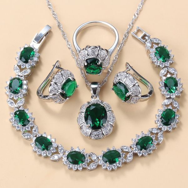 Charme pulseiras 925 Mark nupcial colar e brincos conjuntos de jóias para mulheres moda vestido de casamento traje verde zircão charme pulseira e anel 230901