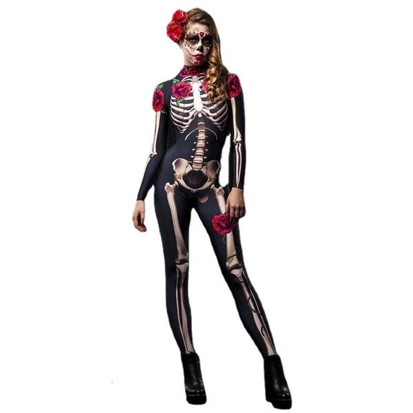 Tema traje rosa esqueleto adulto crianças assustador traje halloween vestido cosplay sexy macacão carnaval festa bebê menina macacão dia dos mortos 230904