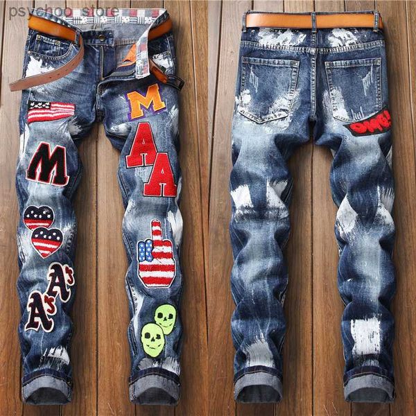 Damen-Jeans, Herren-Flaggen-Patch, blaue Jeans, schlankmachende Stickerei, Denim-Hosen, trendige, bemalte, lässige Jeans, Herren-Street-Fashion-Hosen Q230904