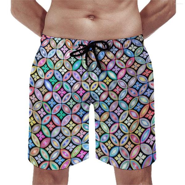 Shorts masculinos verão placa elegante círculos esportes retro floral impressão design praia calças curtas troncos de secagem rápida plus size