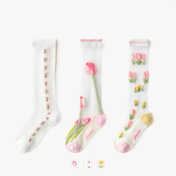 Женские носки для детей, модные тонкие, удобные, с милым цветочным узором, до бедра, в сеточку, ажурные чулки с подвязками