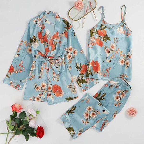 Mulheres sleepwear cetim sutiã robe conjunto sexy pijama mulheres roupão de seda 3 pcs pijamas suspender flor colete impresso pijama feminino