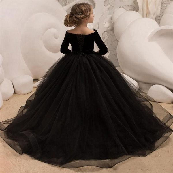 Vestidos de menina flor vestido preto mangas de sete pontos com decote em v princesa vestido de baile crianças concurso com elegante 1 -14 anos robe