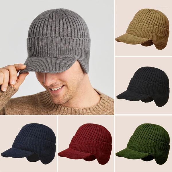 Berets 1 pc outono inverno masculino simples cor sólida engrossado chapéu de lã ao ar livre ciclismo esportes elástico quente proteção de orelha de malha