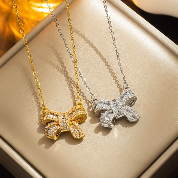 Halskette mit Diamant-Schleifen-Anhänger, S925-Sterlingsilber-Halskette, leichte Luxus-Design-Halskette, hochwertiges Valentinstag-Geburtstagsgeschenk