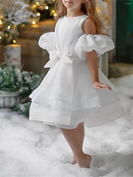 Menina vestidos de tule branco em camadas brilhante arco flor vestido de casamento bonito criança primeira bola eucarística