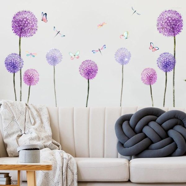 Adesivos de parede roxo dandelion borboletas libélula decoração de casa diy arte decalques fundo romântico papel de parede