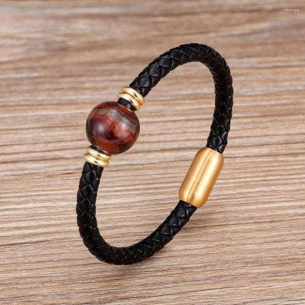 Charme pulseiras 2023 moda homens jóias couro genuíno aço inoxidável para homens natural redondo tigre olho pedra frisada pulseira