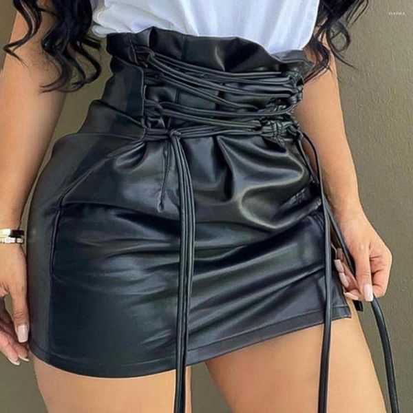 Saias de cintura alta saia sexy falso couro mini para mulheres hip envoltório plissado design clubwear meninas noite acima