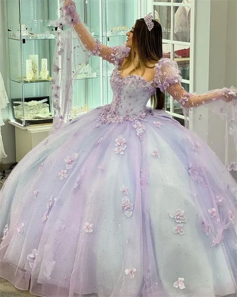 Lilac Prinzessin Quinceanera Kleider Ballkleid Glockenhülsen Blumen appliziert Perlen Korsett Festzug süße Prom -Party -Kleider