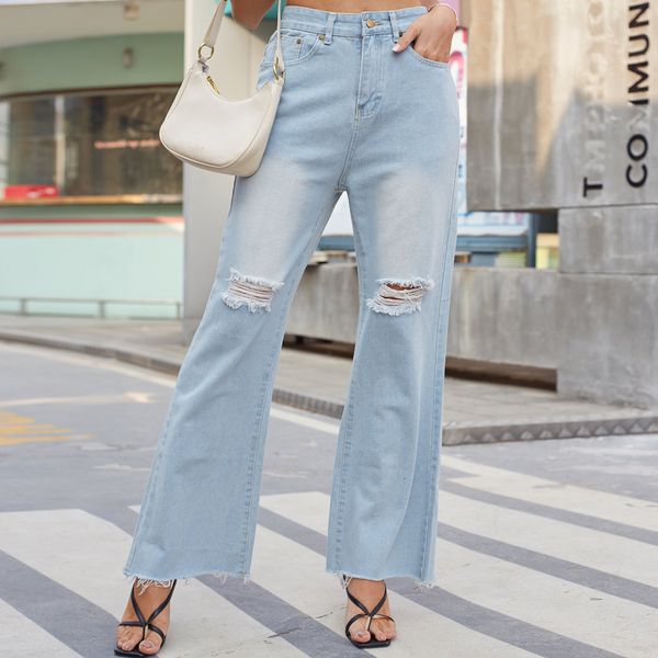 Женские джинсы 2023 с высокой талией, микро расклешенные для женщин, светло-голубые облегающие длинные брюки с перфорацией, показывают рост и тонкие 230901