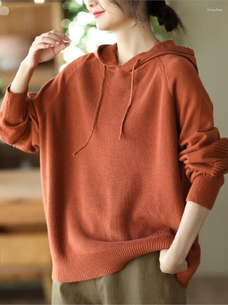 Frauen Pullover Retro Stricken Pullover Frauen 2023 Frühling Herbst Beiläufige Lose Pullover Tops Damen Mit Kapuze Lange ärmeln