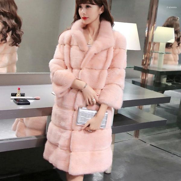 Pele feminina pelliccia donna casaco falso longo listra imitação macio vison gola rosa branco casaco plus size 5xl 6xl