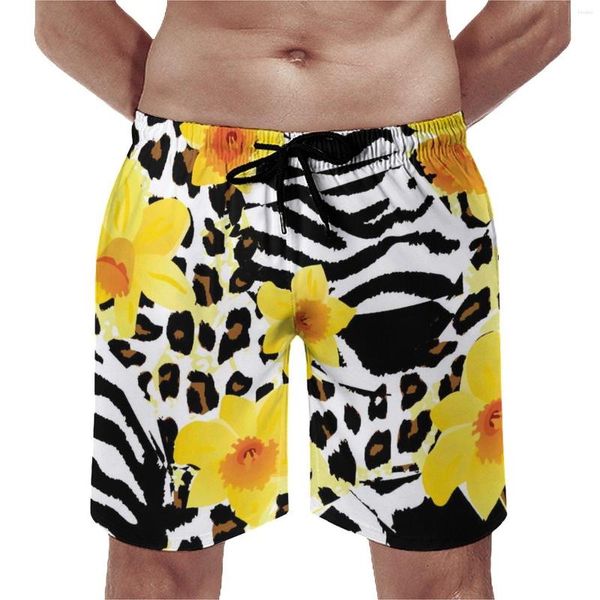 Pantalones cortos para hombre, pantalones cortos informales con estampado de flores de verano para gimnasio de leopardo negro, pantalones cortos para surfear, bañadores de playa con patrón de secado rápido