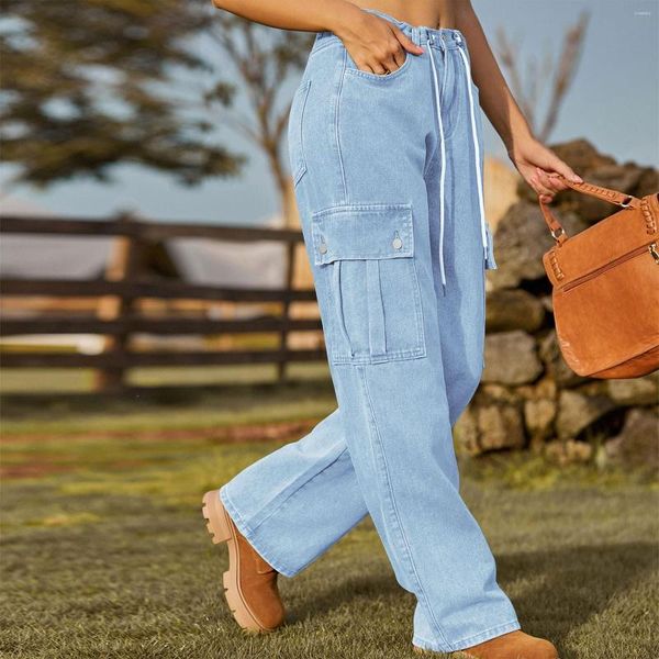 Женские джинсы, прямые винтажные женские однотонные уличные брюки-карго с завязками, повседневные потертые брюки-карго с высокой талией