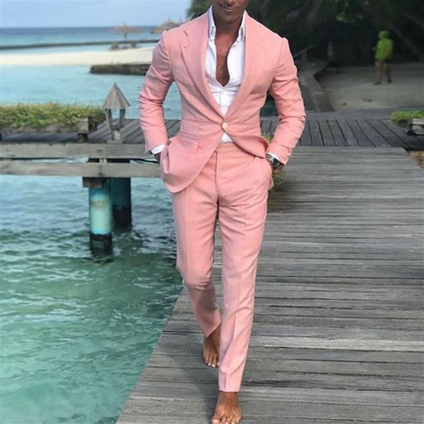 Mais recente casaco calças designs 2020 verão praia ternos masculinos rosa ternos para bola de casamento fino ajuste noivo terno masculino 2 peças 221g