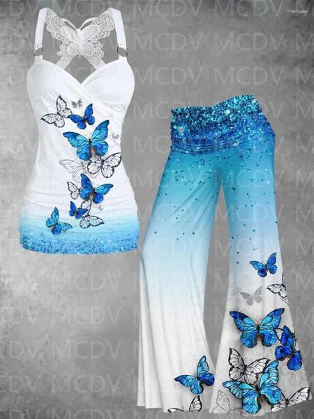 Zweiteilige Damenhose, Schmetterlings-Blumenkunst, lässiges Tank-Top, 3D-Allover-Druck, Damen-Sexy-Flare, weites Bein