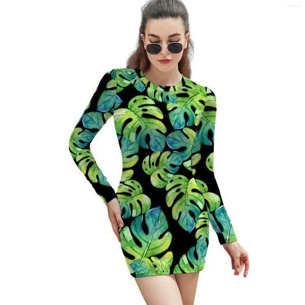 Abiti casual Abito a foglie tropicali Manica lunga Spiaggia Palm Moda coreana Spring Club Bodycon Abiti oversize con grafica femminile