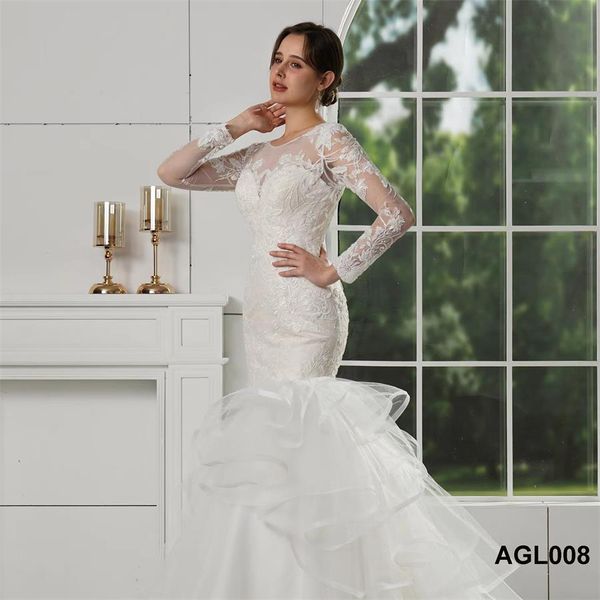 Свадебные платья в стиле фэнтези с русалкой, юбка с v-образным вырезом, облегающий хвост, прочное кружево с длинными рукавами, простой AGL008
