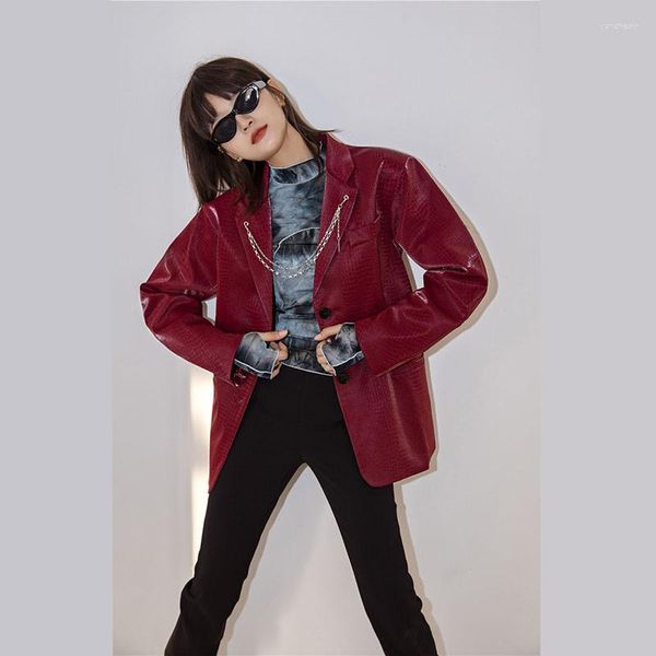 Ternos femininos streetwear casual mulheres blazers de couro falso casaco vinho vermelho coreano corrente entalhada colarinho manga longa terno jaqueta outono feminino