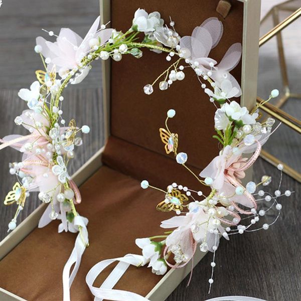 Coroas florais para meninas, flores de contos de fadas, tiara de noiva, pérolas, fita frisada, faixa de cabeça, festa de casamento, acessórios de cabelo wo203m