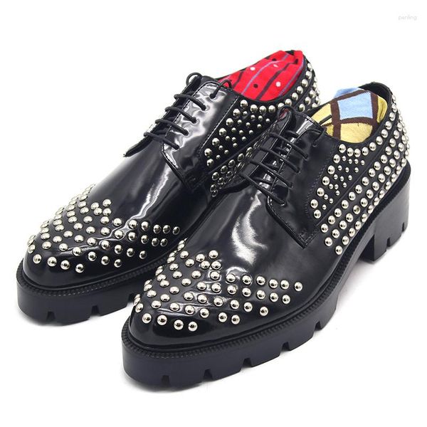 Sapatos de vestido plataforma de moda couro genuíno rebite punk oxford formal casamento artesanal aumento preto homens