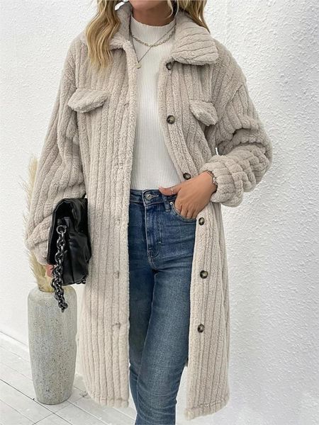 Trench da donna Donna Inverno 2023 Risvolto Peluche Striscia Cardigan lungo in pile Abito vintage Cappotto caldo e gonfio Temperamento Giacca casual