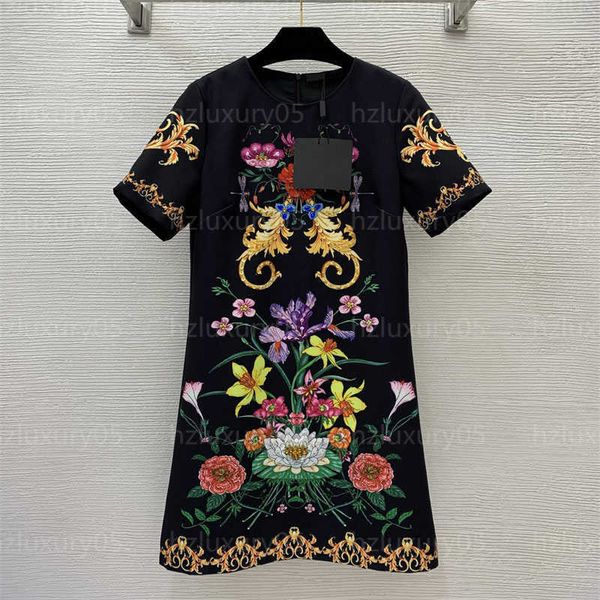 Vestidos de designer para mulher verão elegante saia flor lótus padrão a linha em torno do pescoço manga curta moda senhora festa diária saias designers vestido roupas femininas