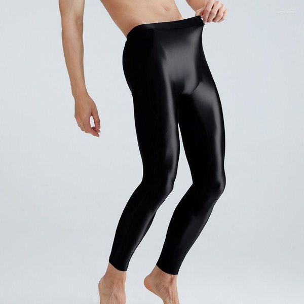 Intimo termico da uomo Uomo lucido Vedere attraverso pantaloni attillati in raso sexy Leggings a vita alta Plus Size Pantaloni sportivi sportivi da yoga lucidi