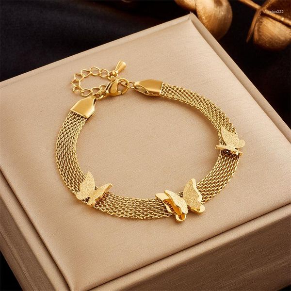 Link pulseiras de aço inoxidável 316l simples 3d borboleta malha ampla face corrente pulseira feminina atacado bijuterias pulseras mujer