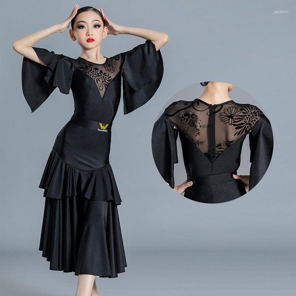 Сценическая одежда Modren танцевальная одежда черный топ с рукавами-бабочками длинные юбки для девочек профессиональный латинский костюм тренировочная одежда SL6562