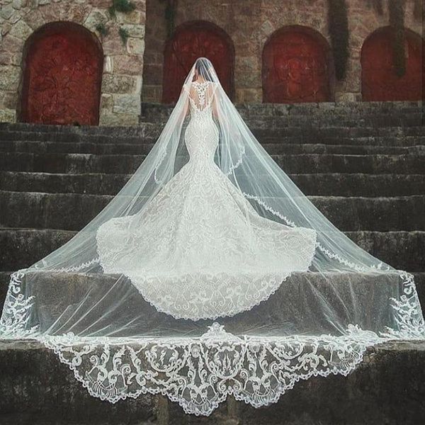 Incrível véu de casamento longo de 3m, comprimento catedral, uma camada, borda aplicada, tule, véu de noiva para mulheres, acessórios de cabelo 260o
